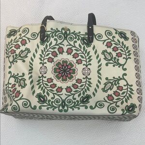 Tory Burch Cream Tote with Green and Pink Floral Design